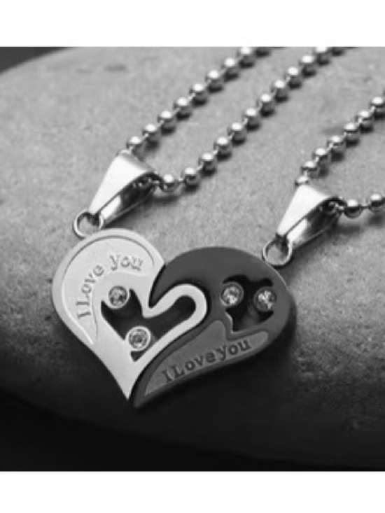 Jewelry - Black & Silver Heart Lovers’ Necklaces Puzzle Pieces Together Forever, Crystals